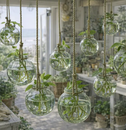 Glass Propagating Pot -Hanging with Natural Twine (4/4/4")